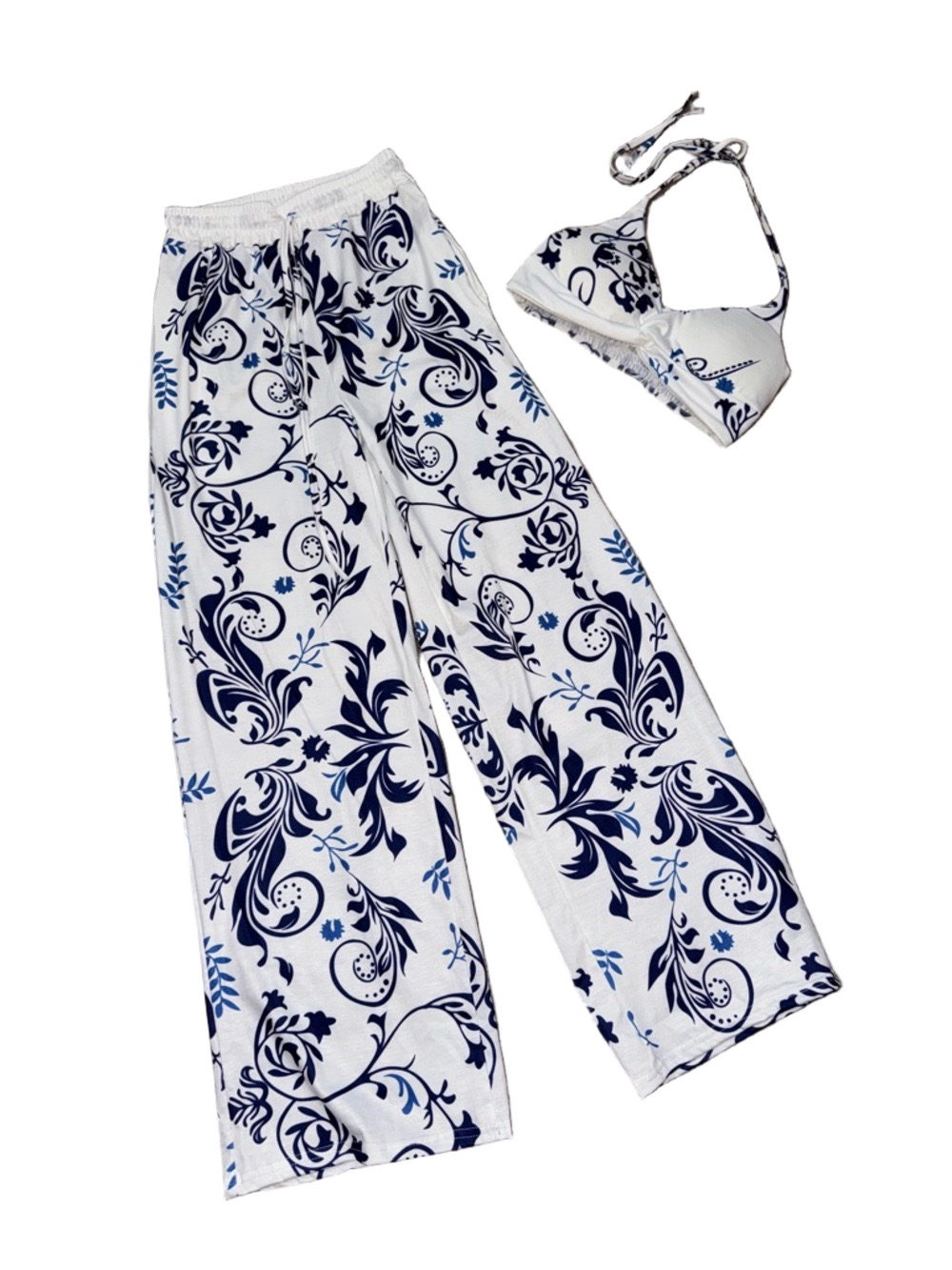 Blue White Floral Two Piece Set Wide Leg Pants & Halter Crop Top SIZE S Boho